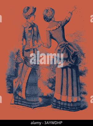 Due donne elegantemente vestite stanno in piedi in conversazione, mostrando un intricato abbigliamento d'epoca caratterizzato da volant, archi e cappelli elaborati. Lo sfondo presenta un design testurizzato che si abbina perfettamente ai loro outfit alla moda. Costume autunnale fronte e retro, Moda, incisione 1882 Arte classica con un tocco moderno reinterpretato da Artotop Foto Stock
