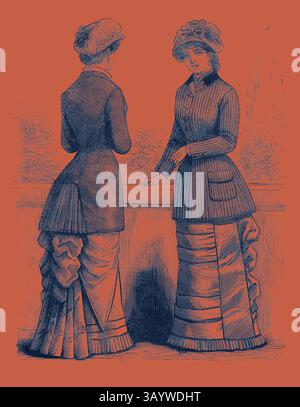 Due donne elegantemente vestite si schierano dietro, mostrando dettagli intricati del loro abbigliamento alla moda del XIX secolo. Gli outfit sono caratterizzati da colletti alti, giacche sartoriali e gonne fluide con pieghe e volant, che riflettono lo stile e la raffinatezza dell'epoca. Giacche autunnali, Moda, incisione 1882 Arte classica con un tocco moderno reinventata da Artotop Foto Stock
