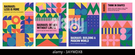 Poster geometrico di memphis. Modello bauhaus minimale astratto con forme geometriche circolari quadrate semplici, design scandinavo con geometria moderna Illustrazione Vettoriale