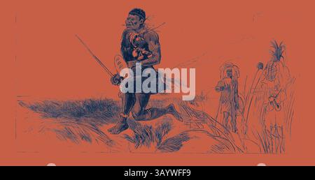 Un guerriero si muove con sicurezza su terreni aperti, brandendo una lancia e uno scudo, adornati con abiti tradizionali. Sullo sfondo, le figure osservano, vestite con abiti culturali, che aggiungono significato storico e profondità alla scena. Swazi Kaffir battaglione nativo del capitano White che lascia l'accampamento del colonnello Wood in una spedizione di esplorazione, la guerra Zulu, incisione 1879 arte classica con un tocco moderno reinventato da Artotop Foto Stock