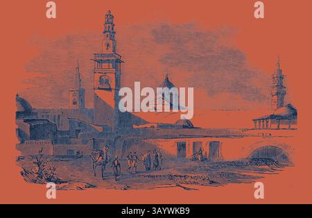 Una vivace scena caratterizzata da monumenti architettonici con torreggianti minareti e cupole, dove le persone si riuniscono lungo un sentiero vicino a strutture adornate da intricati dettagli. Il paesaggio cattura un senso di fascino storico e di vivacità culturale. La strada della Valle dell'Eufrate per l'India: Città e fortezza di Orsova arte classica con un tocco moderno reinventata da Artotop Foto Stock