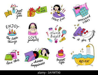 Adesivi autosufficienti. Auto gratitudine benessere amore e salute mentale adesivi set, doodle positive citazioni di assistenza sanitaria e simpatiche icone divertenti, relax Illustrazione Vettoriale