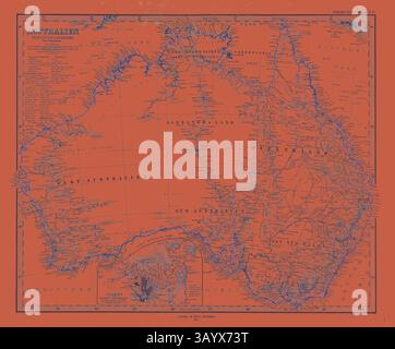Una mappa dettagliata dell'Australia con nomi e regioni geografiche, delineata in blu su uno sfondo arancione brillante, evidenziando varie aree costiere e interne. Australia Mappa Gotha Justus Perthes 1872 Atlas. Perthes Johan Georg Justus 1749 1816 editore tedesco nacque a Rudolstadt nel 1749. Nel 1785 fondò a Gotha the Business che Bears His Name Justus Perthes. In questo fu raggiunto nel 1814 da suo figlio Guglielmo 1793 1853. Ha fondato la Fondazione del ramo geografico dell'azienda per la quale è principalmente famosa pubblicando l'and-Atlas (1817-1823) di Adolf Stieler (1775) Foto Stock