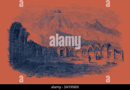 Una pittoresca scena di antiche rovine annidate tra maestose montagne, con strutture ad arco in pietra e un paesaggio sereno. Due figure sono coinvolgenti con l'ambiente, aggiungendo un senso di scala e storia all'ambientazione. Il Tempio di Nettuno a Zowan vicino alla sorgente del torrente che forniva acqua all'arte classica di Cartagine con un tocco moderno reinventato da Artotop Foto Stock