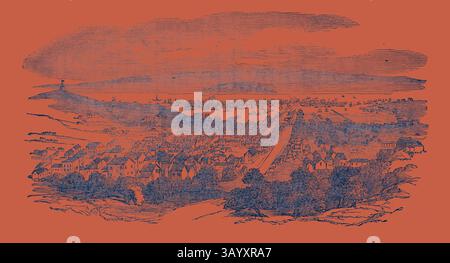 Una vista panoramica di una città costiera, caratterizzata da una dettagliata disposizione di strade ed edifici, con un faro distante e navi all'orizzonte. La scena trasmette un mix di vita urbana e bellezza naturale, incorniciata da colline e acqua. San Francisco nel 1851: Con l'arte classica di Yerba Buena Island con un tocco moderno reinventata da Artotop Foto Stock