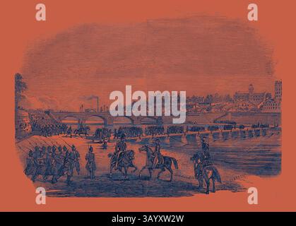 Una scena storica che raffigura un affollato fiume con soldati a cavallo, folle raccolte dall'acqua e un elegante ponte sullo sfondo. Lo skyline presenta vari edifici, che lasciano intendere una città o una città vivace. La grande mostra Fetes a Parigi, la grande recensione, il Ponte delle barche e l'attacco all'arte classica del Trocadero con un tocco moderno reinventato da Artotop Foto Stock