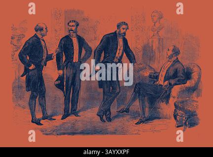 Un gruppo di gentiluomini elegantemente vestiti impegnati in una conversazione, uno seduto e tre in piedi nelle vicinanze. L'ambientazione suggerisce un incontro formale, esaltato dalla presenza di un busto classico sullo sfondo, che aggiunge un'aria di raffinatezza alla scena. Il nuovo costume da corte 1869 arte classica con un tocco moderno reinventato da Artotop Foto Stock
