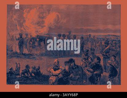 Una scena raffigurante soldati riuniti intorno a un cannone, fumo che fuoriesce dalla sua canna, mentre un gruppo di civili osserva in primo piano. L'atmosfera è tesa, suggerendo un momento di conflitto o di importanza storica. The Easter Volunteer Review: The First Gun 1880 Classic art con un tocco moderno reinventata da Artotop Foto Stock