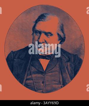 Un ritratto ponderato di un uomo distinto, caratterizzato dalle sue caratteristiche ben definite e dall'espressione solenne, vestito con un abbigliamento formale. Lo sfondo aggiunge un contrasto sorprendente alla sua presenza. M. Ernest Renan membro dell'Istituto francese (Hibbert Lecturer) 1880 Arte classica con un tocco moderno reinventata da Artotop Foto Stock