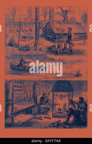 Una scena rustica che raffigura la vita di frontiera, con una capanna di tronchi circondata dalla natura, un uomo in canoa che naviga su un canale navigabile e un altro seduto da un fuoco in un interno accogliente, il tutto trasmettendo lo spirito di esplorazione e sopravvivenza precoci. Cacciatori di pellicce nel Backwoods of Canada 1880 arte classica con un tocco moderno reinventato da Artotop Foto Stock