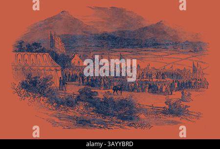 Un grande raduno di persone si svolge all'aperto, con bandiere che sventolano tra montagne panoramiche sullo sfondo. Una tenda è allestita nelle vicinanze e la folla sembra essere impegnata in un evento vivace, possibilmente un festival o una celebrazione. Inizio della Great North of Scotland Railway, a Westhall, Aberdeenshire. Arte classica con un tocco moderno reinventata da Artotop Foto Stock