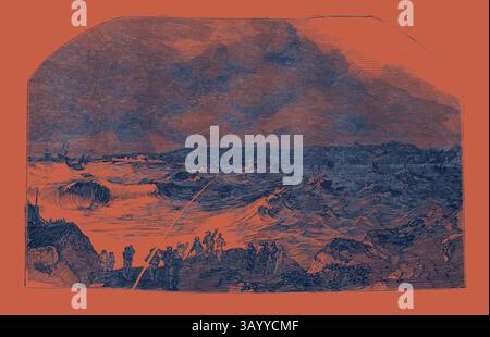 Un paesaggio marino spettacolare cattura le onde tumultuose che si infrangono contro le coste rocciose, con figure sagomate sullo sfondo turbolento. Le navi possono essere viste in lontananza, aggiungendo un senso di scala al paesaggio marino selvatico sotto un cielo ripido. La costa del Northumberland durante il tardo Gale, 1852 arte classica con un tocco moderno reinventata da Artotop Foto Stock