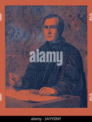 Un gentiluomo in abito d'epoca posa con cura, tenendo un attrezzo da disegno, con motivi e texture ornati sullo sfondo, suggerendo un tema artistico o accademico. Il defunto A. Welby Pugin, architetto d'arte classica con un tocco moderno reinventato da Artotop Foto Stock