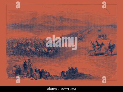 Una grande processione si estende attraverso un paesaggio, caratterizzato da una serie di cavalieri e carri, con folle di spettatori che osservano in primo piano. La scena cattura un momento di celebrazione o di evento significativo, ambientato su colline ondulate sullo sfondo. The Afghan War: Three Cheers for the Queen New Year's Day at Jellalabad 1879 arte classica con un tocco moderno reinventata da Artotop Foto Stock