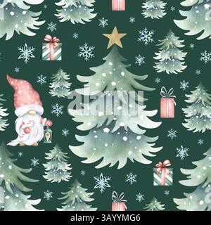 Motivo natalizio senza cuciture con gnomo, lanterna, abeti ricoperti di neve, fiocchi di neve e confezioni regalo. Illustrazione ad acquerello su sfondo verde scuro per le feste di Capodanno, stampa in tessuto, tessuto. Foto Stock