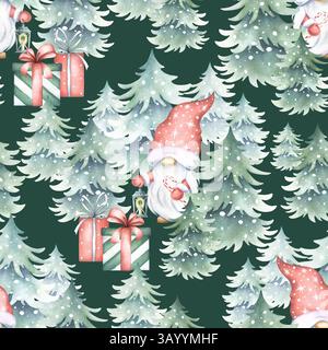 Motivo natalizio senza cuciture con gnomo con lanterna, abeti ricoperti di neve e scatole regalo con fiocco legato. Illustrazione acquerello su sfondo verde scuro per carta da imballaggio per le feste di Capodanno, stampa in tessuto. Foto Stock