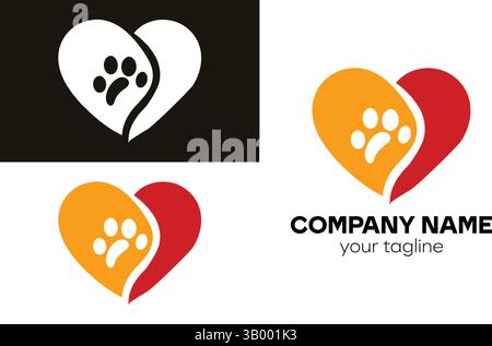 Logo a doppio cuore e Paw Print per gli amanti degli animali Illustrazione Vettoriale