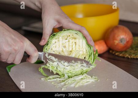 Primo piano donna mani che preparano insalata sana. Taglio del cavolo giovane sul tagliere sul bancone della cucina domestica. Foto Stock