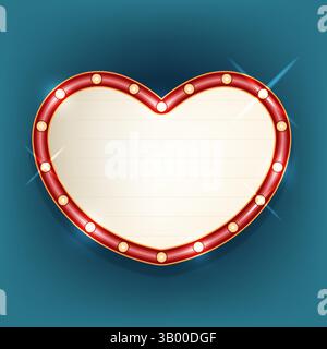 Tavola retrò a forma di cuore con luci. Segnale luminoso vettoriale per pubblicità. Sfondo vuoto o sfondo vuoto per il testo. Affissioni con lampade. Illustrazione Vettoriale