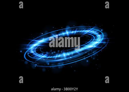 Un innovativo e futuristico effetto portale circolare di luce blu arricchito da elementi scintillanti per una maggiore bellezza Illustrazione Vettoriale