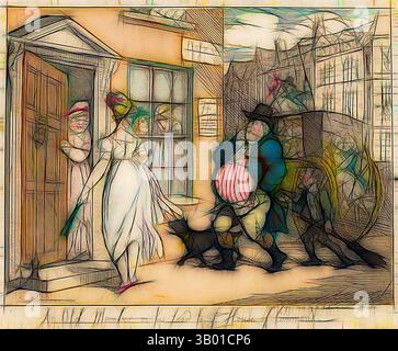 Una donna con un vestito bianco gesta da una porta, mentre due figure sbirciano da dietro di lei. Un uomo robusto con un cappotto blu e una camicia a righe rosse si trova nelle vicinanze, accompagnato da un piccolo cane. La scena trasmette un senso di curiosità e interazione sullo sfondo di edifici. Arte classica con un tocco moderno reinventata da Artotop Foto Stock