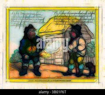 Due figure si trovano vicino a una piccola struttura, impegnata nella conversazione. Sono vestiti con abiti pesanti tipici dei climi più freddi, con una figura che tiene un cesto e l'altra che gesta animatamente. La scena evoca un senso di cameratismo, ambientato su uno sfondo che richiama un ambiente rurale o rustico. Arte classica con un tocco moderno reinventata da Artotop Foto Stock