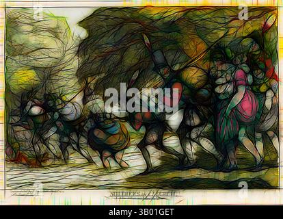 Una scena dinamica raffigurante figure in movimento, circondate da alberi e fogliame, che trasmette un senso di celebrazione o di riunione della comunità. I tratti vibranti creano un'atmosfera energica, evidenziando le interazioni tra gli individui. Arte classica con un tocco moderno reinventata da Artotop Foto Stock