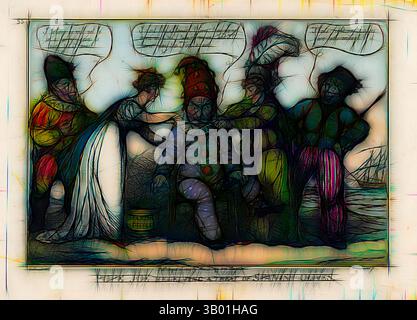 Una scena stravagante con un gruppo di personaggi eccentrici impegnati in una vivace discussione, con una persona seduta e altre che le circondano, ognuno con abiti unici ed espressioni animate. Le bolle vocali sopra di loro suggeriscono uno scambio giocoso di idee o umorismo. Arte classica con un tocco moderno reinventata da Artotop Foto Stock