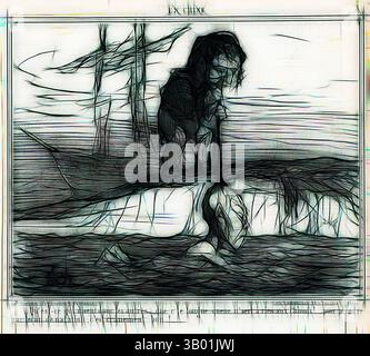 Una figura si inginocchia accanto a una forma senza vita, circondata da un paesaggio inquietante. L'atmosfera è ricca di emozioni, evocando temi di perdita e riflessione. Gli alberi si stagliano sullo sfondo, aggiungendo un tocco cupo alla scena. Arte classica con un tocco moderno reinventata da Artotop Foto Stock