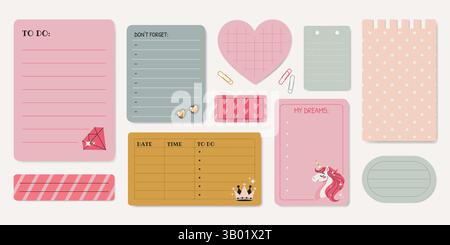 Set di note cartacee, adesivi, pagine. Illustrazione Vettoriale