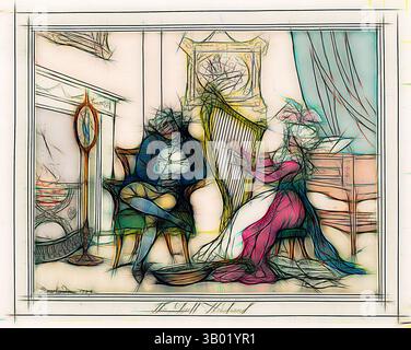 Una scena serena con una donna che suona un'arpa mentre un gentiluomo si siede nelle vicinanze, assorbito dal pensiero. La camera è arredata elegantemente, con uno specchio vintage e opere d'arte che ne esaltano l'atmosfera, creando un senso di intimità e grazia artistica. Arte classica con un tocco moderno reinventata da Artotop Foto Stock