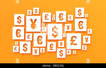Dollaro STATUNITENSE, yen giapponese, euro, sterlina britannica. Dollaro STATUNITENSE, yen giapponese, euro, sterlina britannica. Lettere fustellate su sfondo arancione. Cambio valuta, cartellone valutario, mercati finanziari. symbol041 signs currency Foto Stock