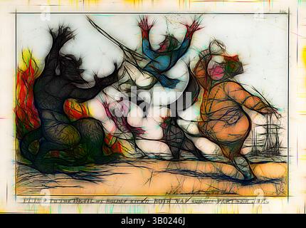 Una scena caotica raffigura figure astratte in pose dinamiche, con colori vivaci che ruotano intorno a loro. Le figure sembrano essere impegnate in una danza o lotta animata, circondate da accenni di fiamme e da un paesaggio distorto che esalta il senso di movimento e di emozione. Arte classica con un tocco moderno reinventata da Artotop Foto Stock