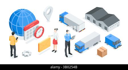 concetto vettoriale isometrico con persone, scatole e addetti al magazzino, a colori su sfondo bianco, consegna postale di merci o logistica Illustrazione Vettoriale