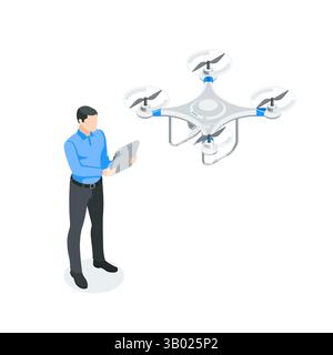 l'uomo vettoriale isometrico con tablet controlla il drone, a colori su sfondo bianco, tecnologia o operatore drone Illustrazione Vettoriale