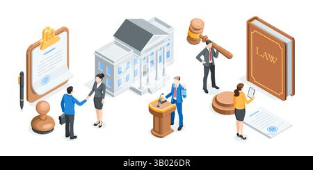 concetto vettoriale isometrico sul tema del tribunale e della legge, a colori su sfondo bianco, scale e martelletto di un giudice con libri, documenti e affari Illustrazione Vettoriale