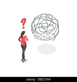 una donna d'affari vettoriale isometrica che districa un filo aggrovigliato e un punto interrogativo, a colori su sfondo bianco, svelando un problema o una soluzione Illustrazione Vettoriale