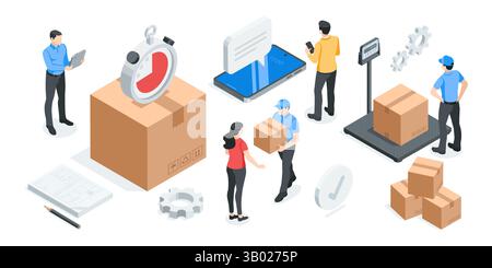 concetto vettoriale isometrico con persone, scatole e addetti al magazzino, a colori su sfondo bianco, consegna postale di merci o logistica Illustrazione Vettoriale