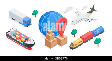 concetto vettoriale isometrico con persone, scatole e addetti al magazzino, a colori su sfondo bianco, consegna postale di merci o logistica Illustrazione Vettoriale