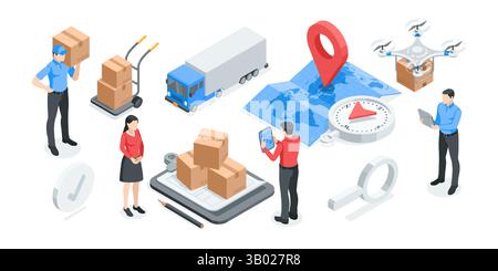 concetto vettoriale isometrico con persone, scatole e addetti al magazzino, a colori su sfondo bianco, consegna postale di merci o logistica Illustrazione Vettoriale