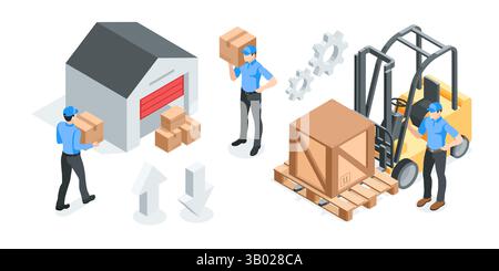 concetto vettoriale isometrico con persone, scatole e addetti al magazzino, a colori su sfondo bianco, consegna postale di merci o logistica Illustrazione Vettoriale