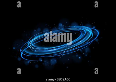 Si tratta di un accattivante design astratto caratterizzato da vortici di luce blu elegantemente presentati su uno sfondo nero Illustrazione Vettoriale