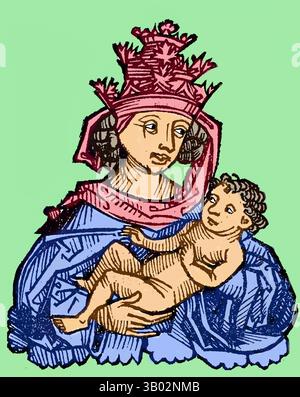 Papa Joan. Illustrazione, intitolata Joannes Septimus, xilografia tratta da un manoscritto del 1493 (mano colorata da Ian Dagnall, 2025). Papa Giovanna (Ioannes Anglicus, 855–857) è una donna che presumibilmente regnò come papa per due anni durante il Medioevo. La sua storia apparve per la prima volta in cronache nel XIII secolo e successivamente si diffuse in tutta Europa. La storia è stata ampiamente creduto per secoli, ma la maggior parte degli studiosi moderni la considera fittizia (Wikipedia) Foto Stock