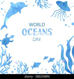 Giornata mondiale degli oceani. Sfondo con silhouette ad acquerello Illustrazione Vettoriale