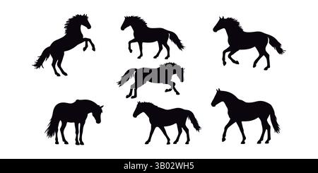 Confezione vettoriale di diverse silhouette di cavallo su sfondo bianco. Illustrazione Vettoriale