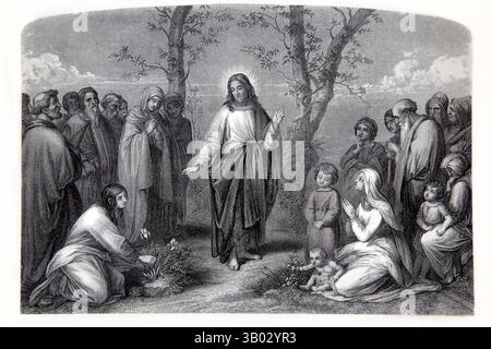 Incisione in acciaio di Gesù Cristo e il discorso sul Monte "considera le gigli del campo" dall'antica Sacra Bibbia Foto Stock