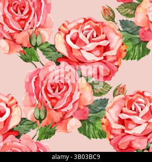 Rosa rosa e verde acqua motivo floreale acquerello motivo fiore acquerello senza cuciture. Stampa acquerello in stile vintage rustico, tessuto o carta da parati. Foto Stock