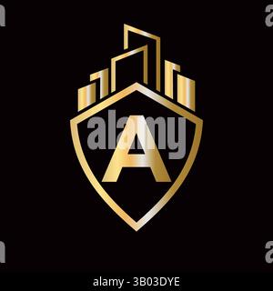 Logo Real Estate sulla lettera A Concept con simbolo Building and Shield. Simbolo edificio Illustrazione Vettoriale