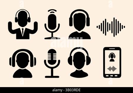 Set di icone podcast. Set di icone del vettore del microfono. Set di icone MIC. Set di icone MIC, microfono, host e streaming Illustrazione Vettoriale