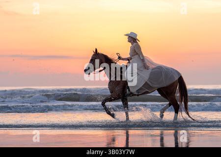 St. Augustine Beach, Florida, Stati Uniti. 23 aprile 2025. Una donna cavalca un cavallo lungo la costa durante una sessione fotografica al Florida Photo Fest a St. Augustine Beach, Florida, il 23 aprile 2025. Il festival fotografico annuale attrae fotografi da tutto il paese. (Immagine di credito: © Ronen Tivony/ZUMA Press Wire) SOLO PER USO EDITORIALE! Non per USO commerciale! Foto Stock